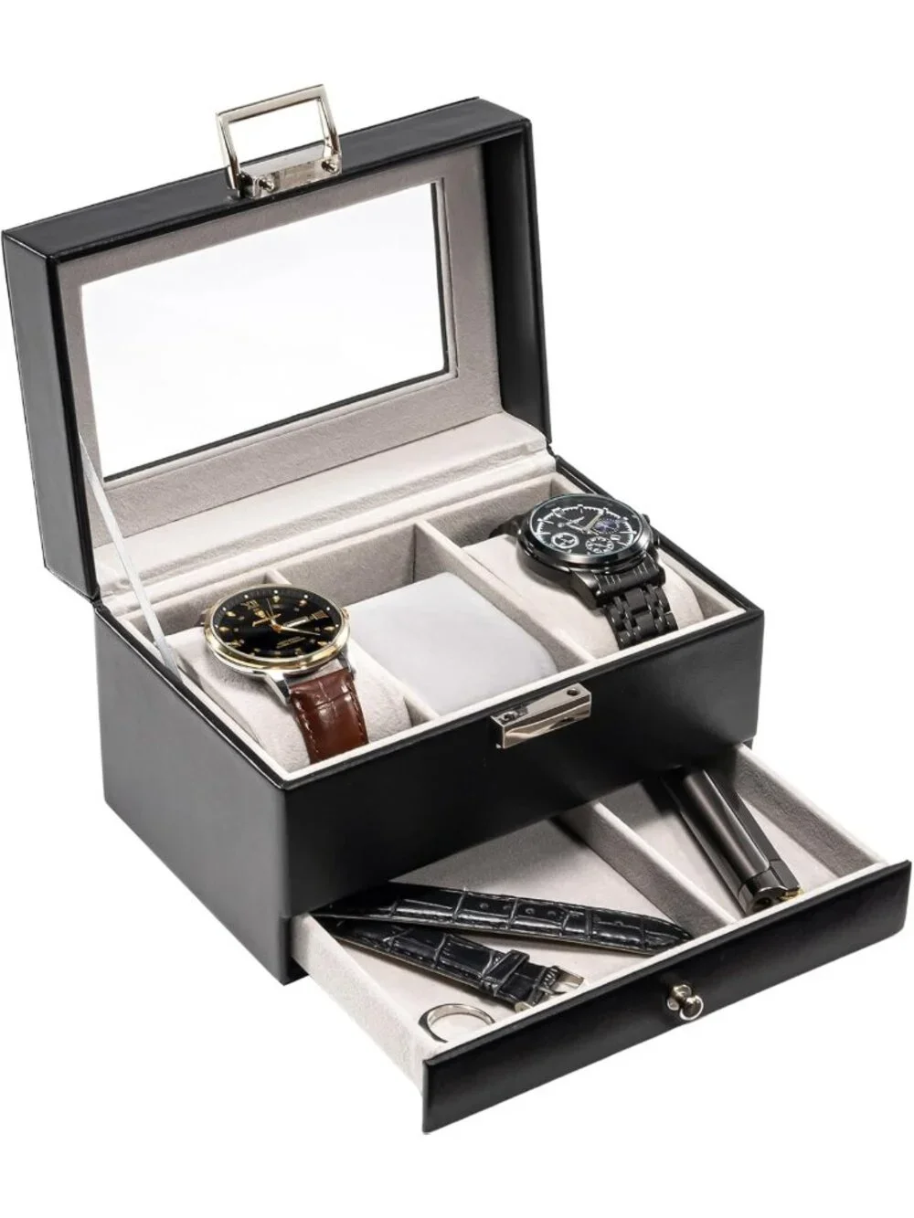 Elegant 3-Slot Watch Display Case with Drawer - Stylish Black Storage Box